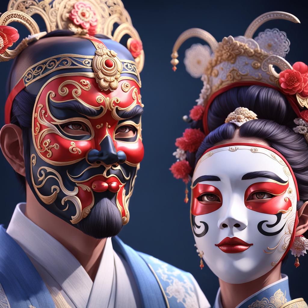 Oriental Opera Masks in 3D Anime Style