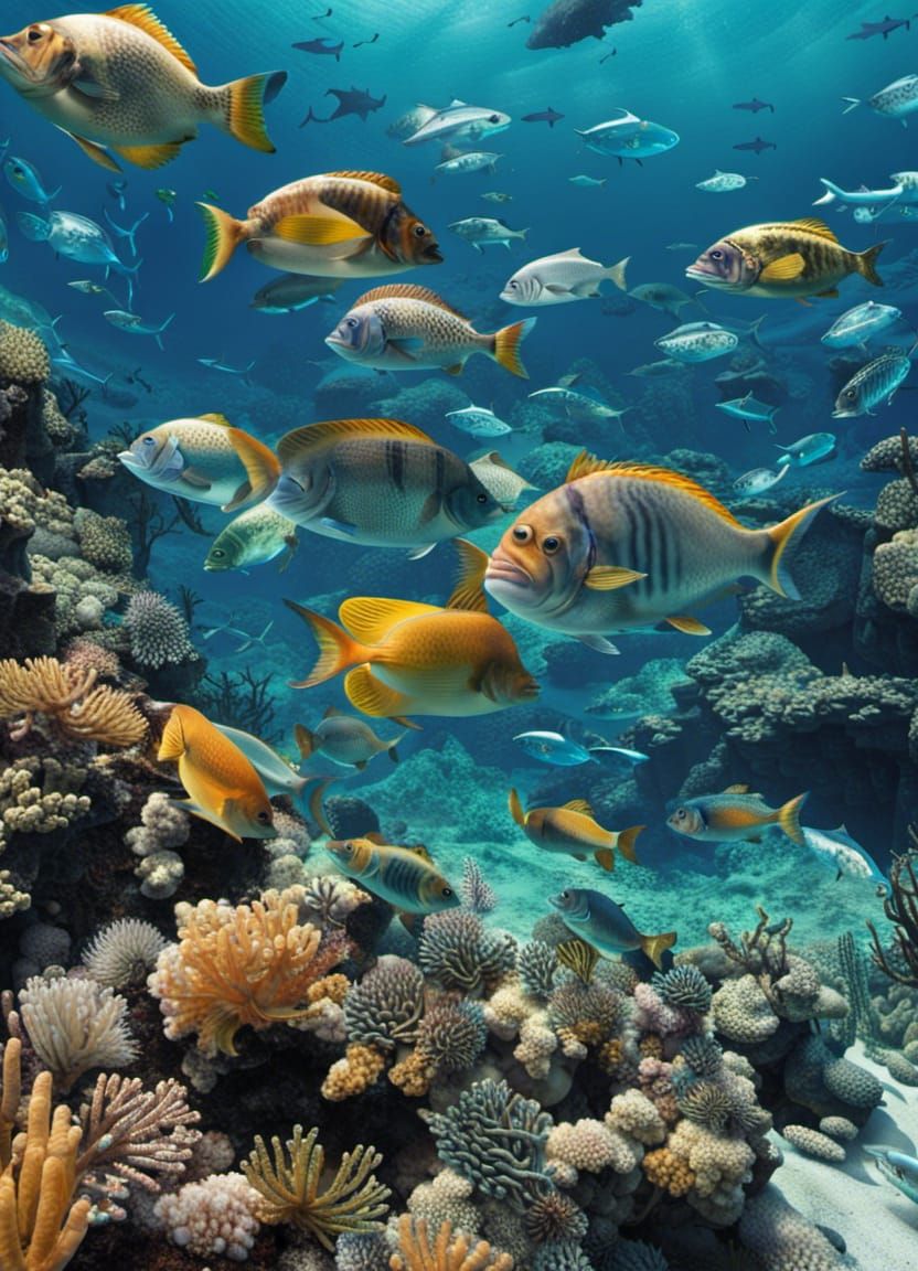 Underwater Blue Ocean Scene with Colorful Fish