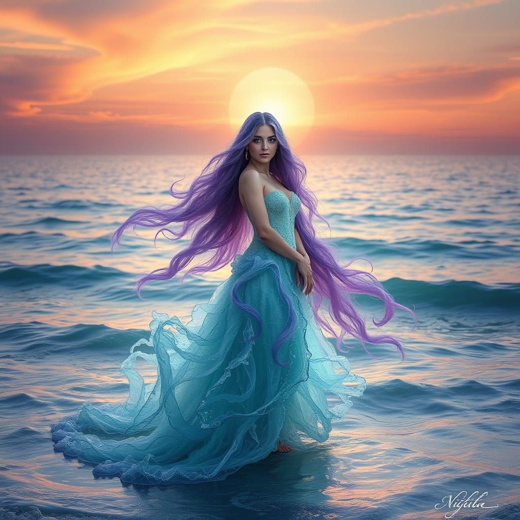 Ethereal Woman With Purple Hair in Tranquil Sea Sunset