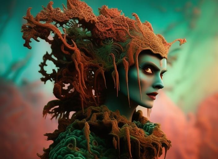 Gothic Grim Reaper in Coral Cavern: Hyperreal Portrait