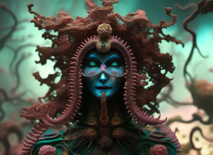 Gothic Grim Reaper in Coral Cavern: Hyperrealistic Portrait