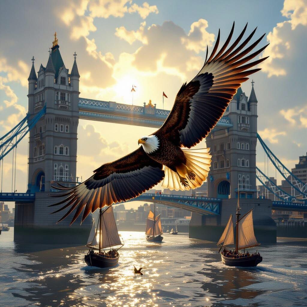 Majestic Eagle Swoops Over London Bridge in Noon Sun