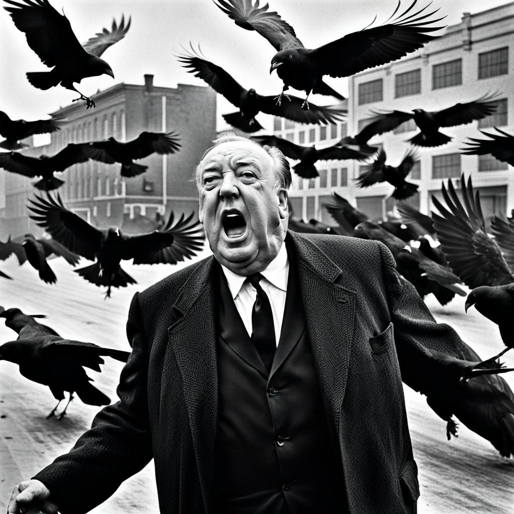 Humorous Hitchcock Raven Chase: Vintage Black and White Phot...