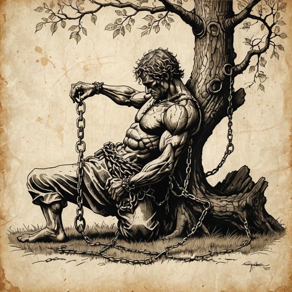 Man Shackled in Chains: Medieval Black Ink Drawing