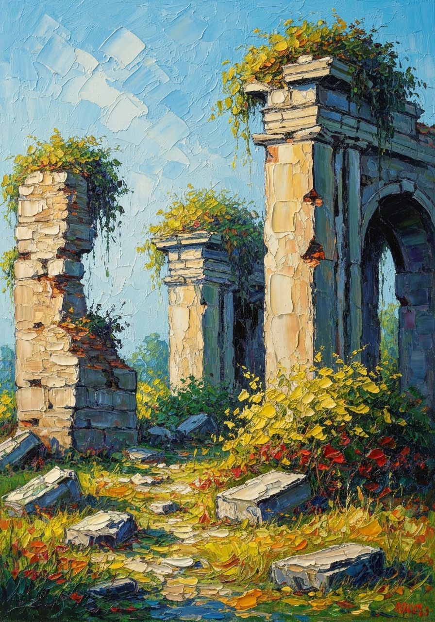 Vibrant Nature Reclaims Ancient Ruins in Impasto Style