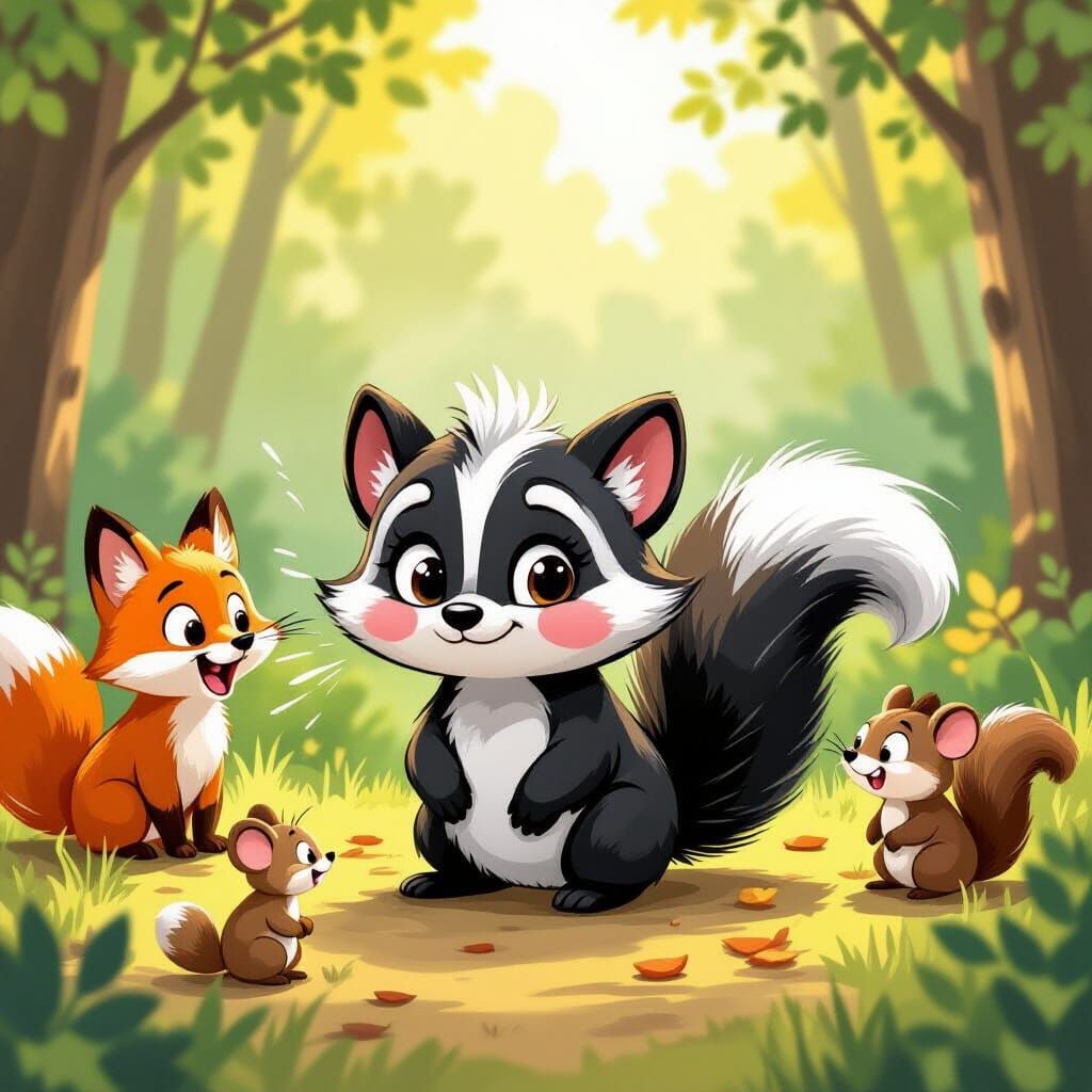 Embarrassed Skunk Sprays Friends, Cartoon Illustration