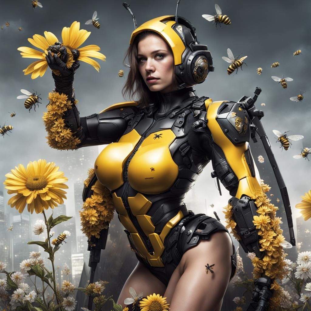 Futuristic Armored Warrior with Bee and Flower