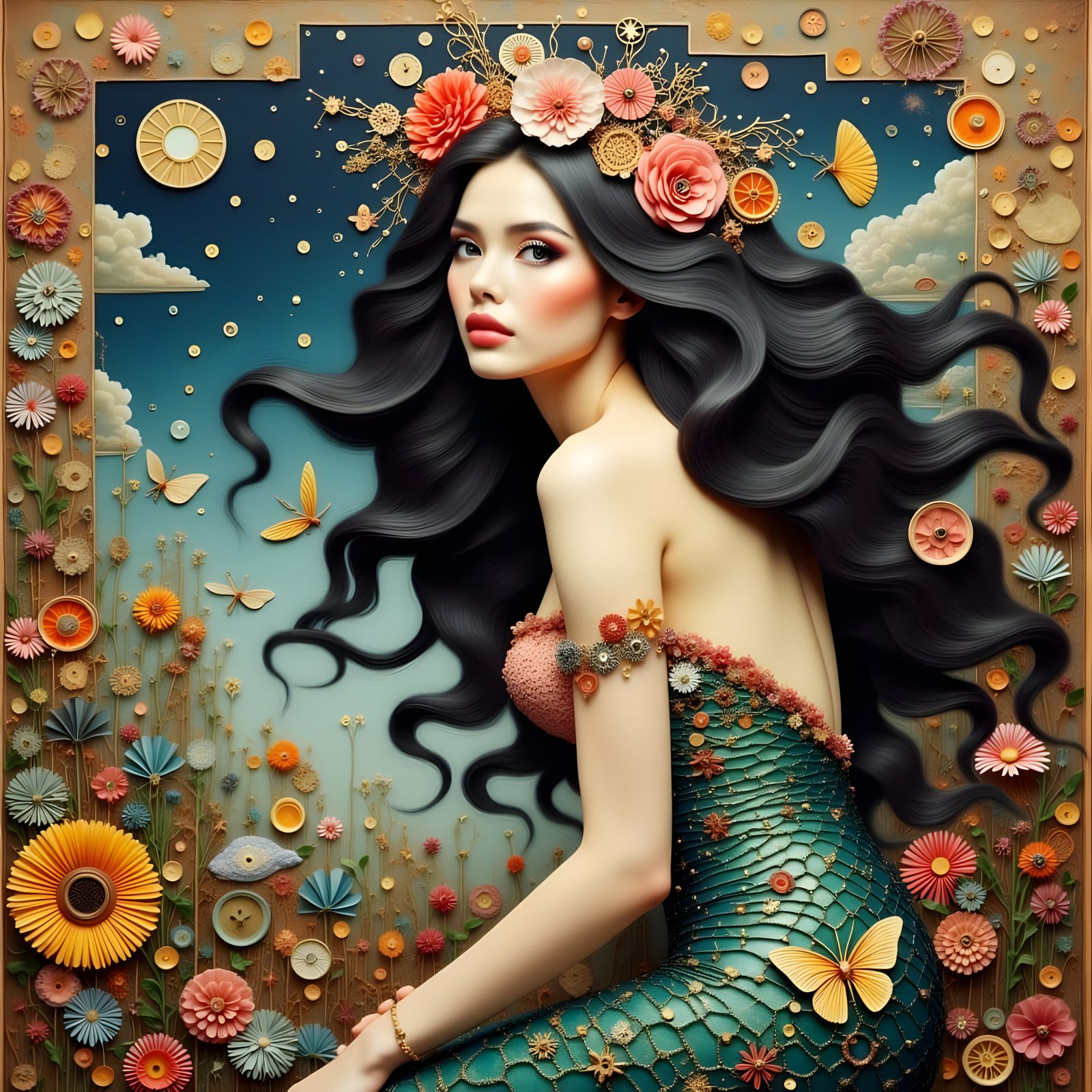 Mermaid in Abstract Landscape Collage