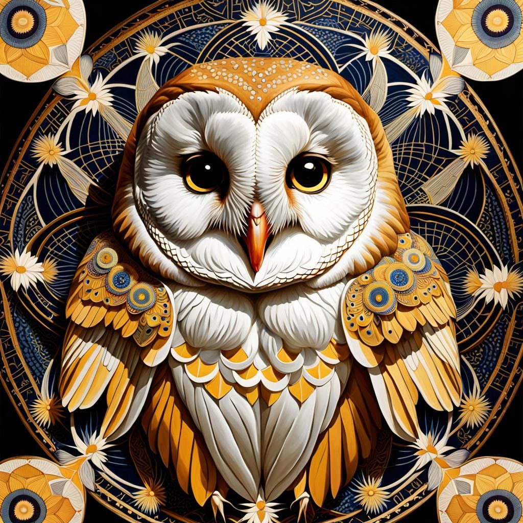 Barn Owl Face with Sacred Geometry in Digital Art