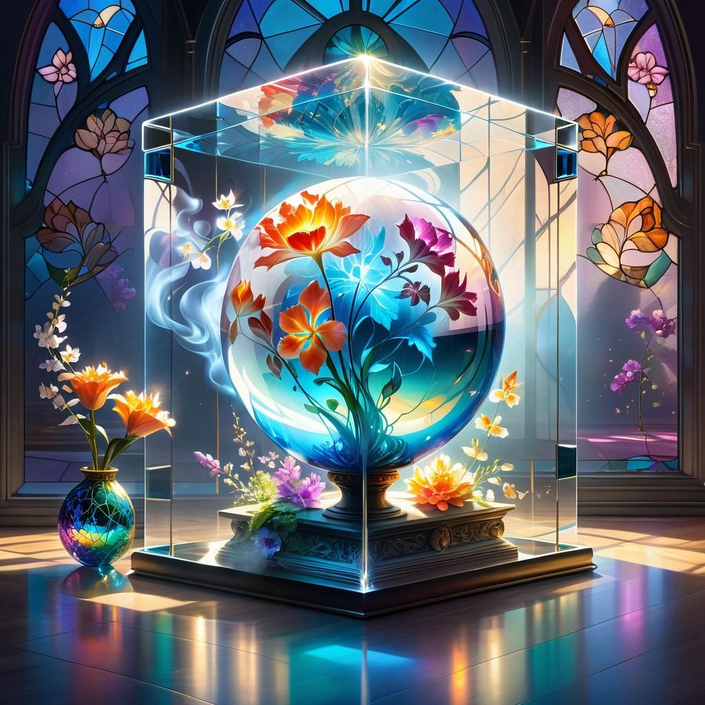 Glass Cube with Floating Smoke Sphere