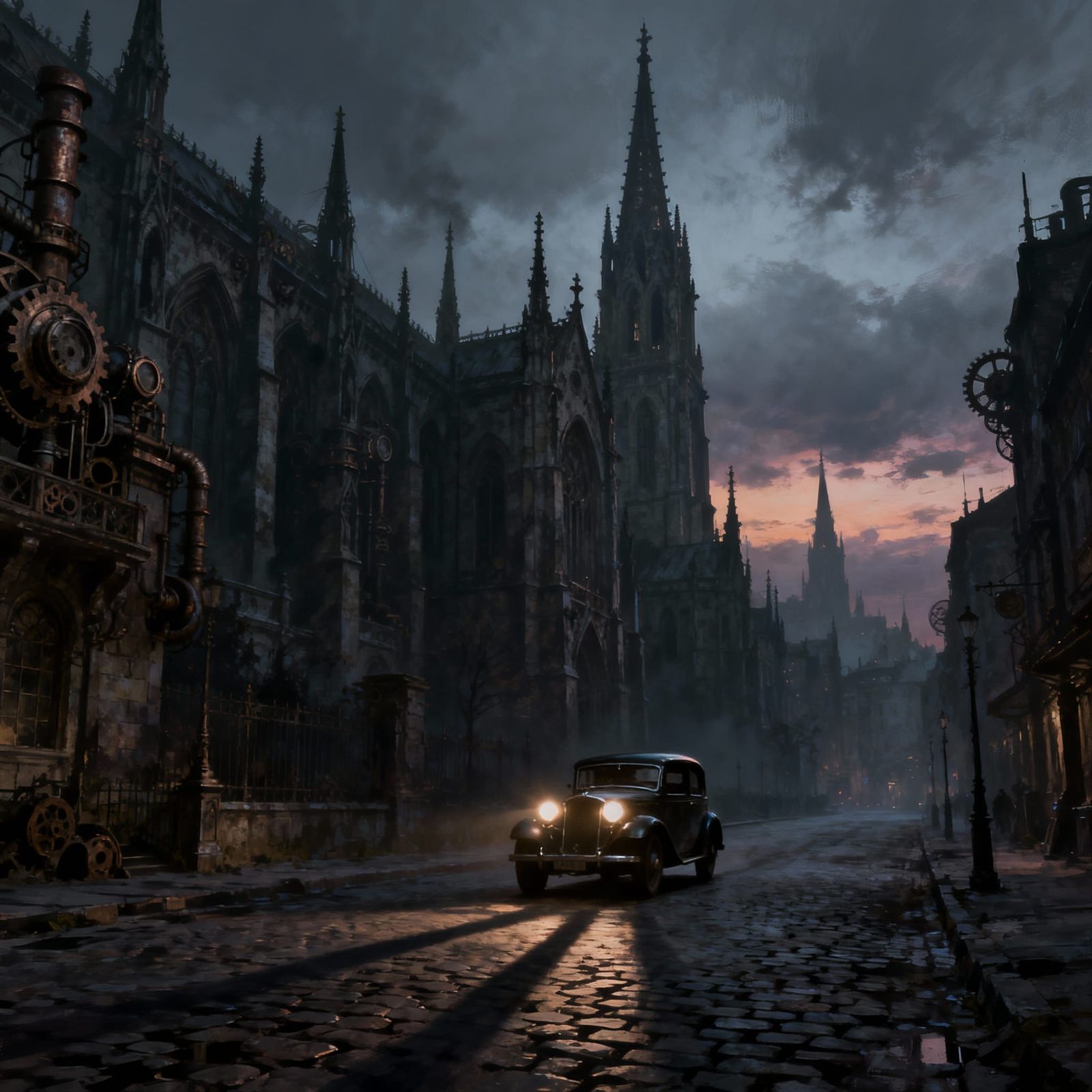Vintage Car on Gothic City Street at Twilight