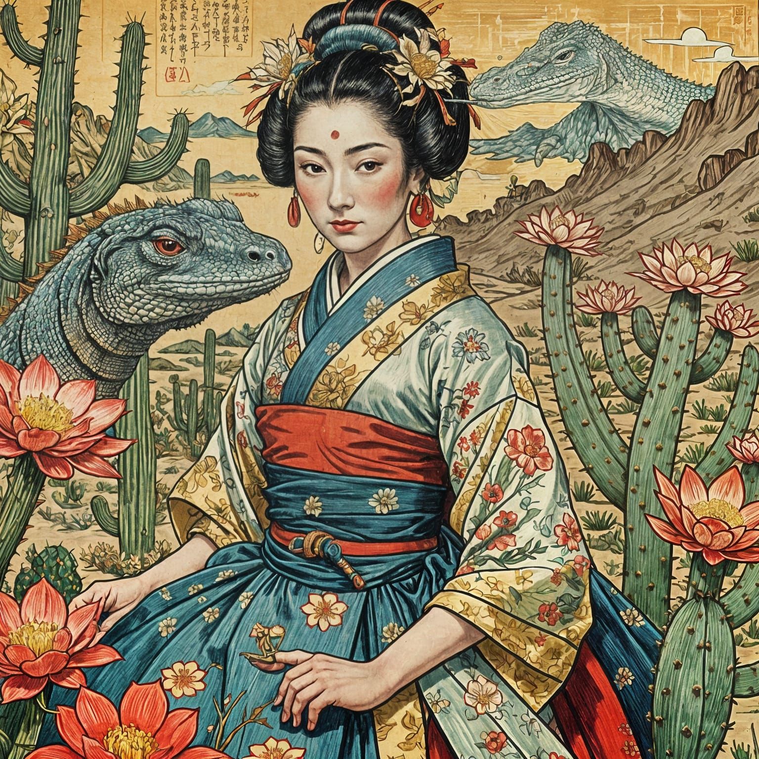 Close Up Vintage Geisha Circus Performer with her Pet Komodo Dragon in the Arizona Cactus Flower Desert