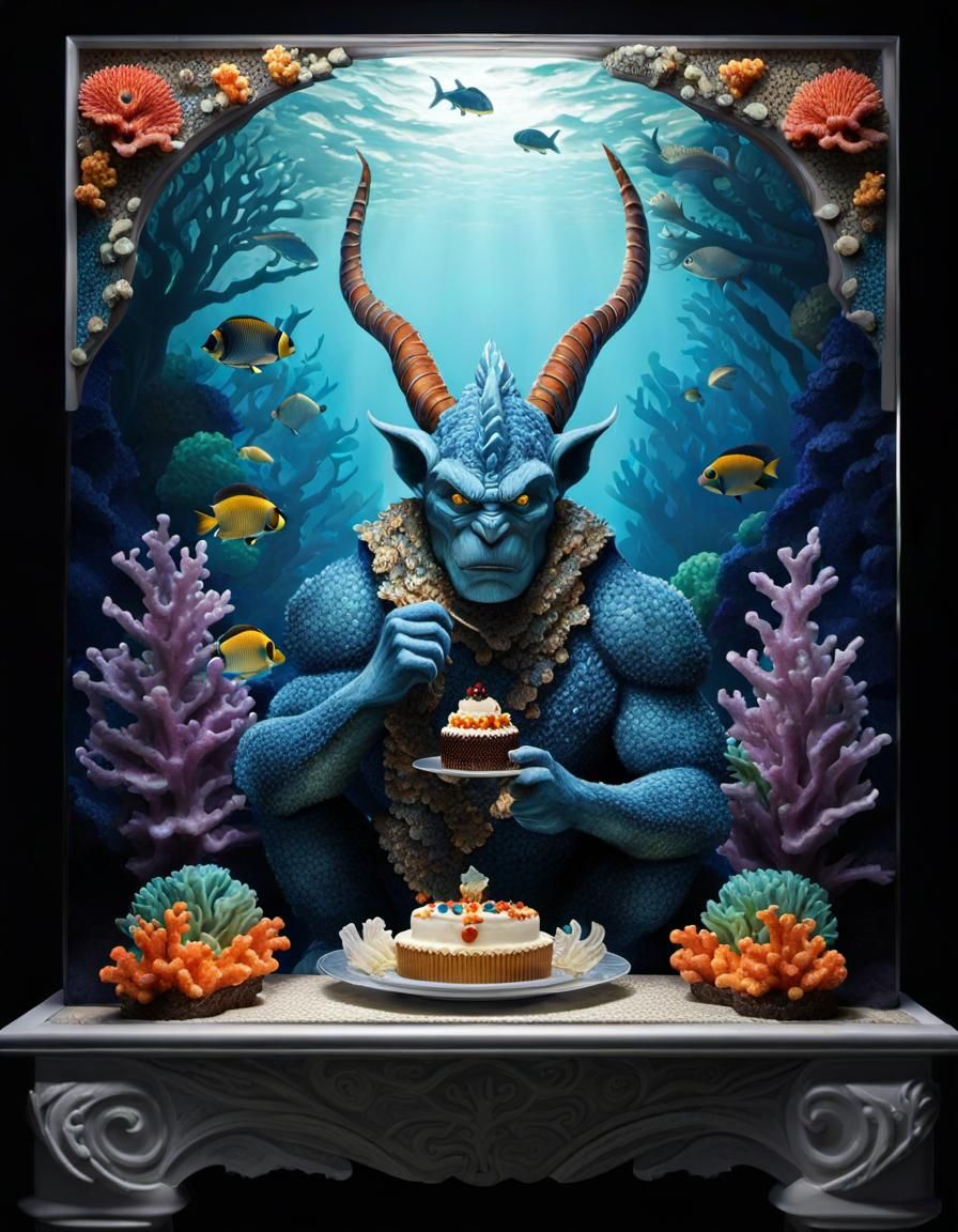 Gargoyle Monster Celebrates with Cake: Hyperrealistic Art