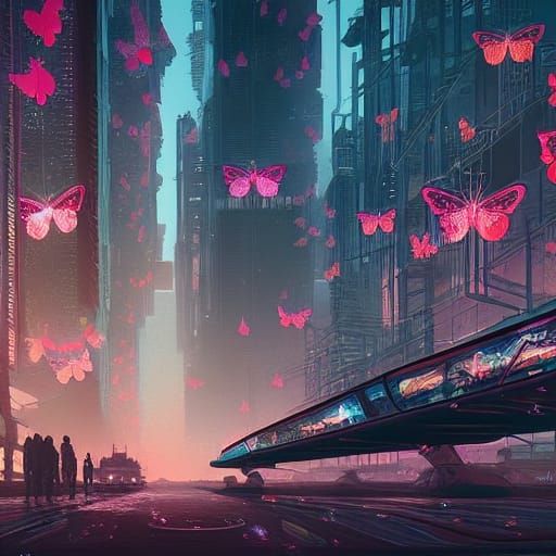 Retrofuturistic City with Butterflies, Film Noir Style