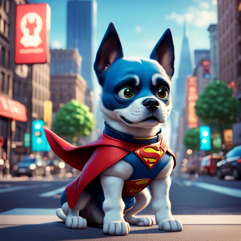 Superhero Dog Posing in City: Pixar-Style 3D Art