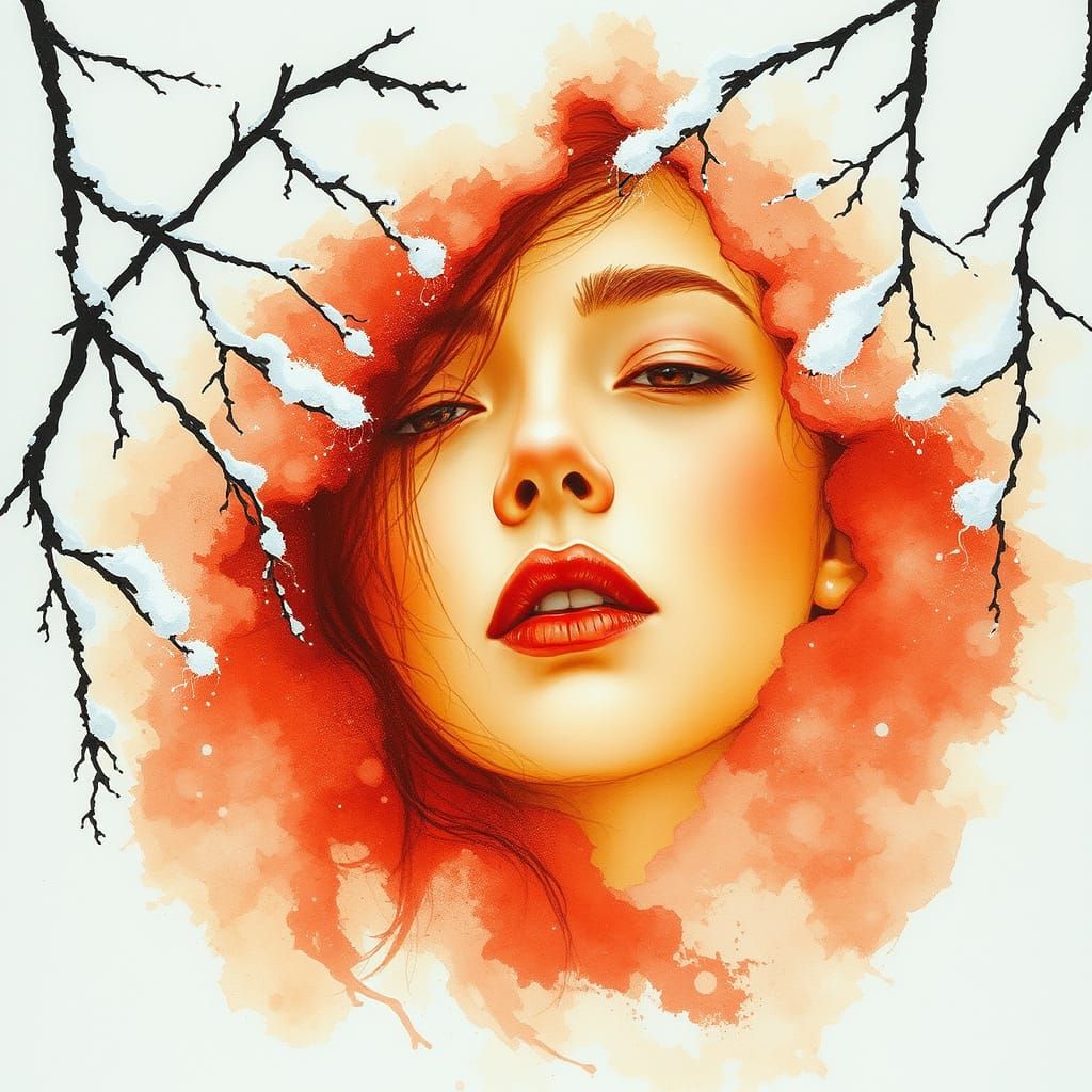 Ethereal Woman's Face Emerges from Snowy Landscape Painting