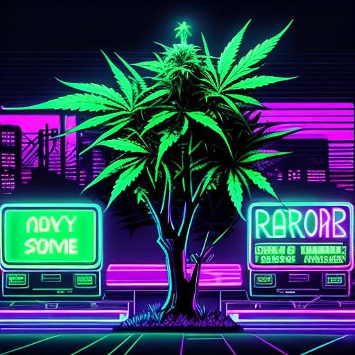 Cannabis Leaves in Synthwave Neon Retro Style
