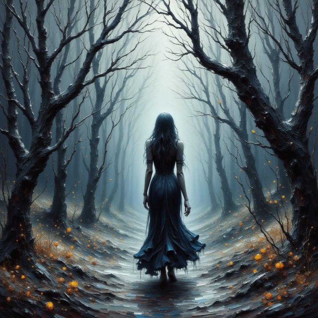 Mystical Woman in Eerie Forest as Impasto Painting