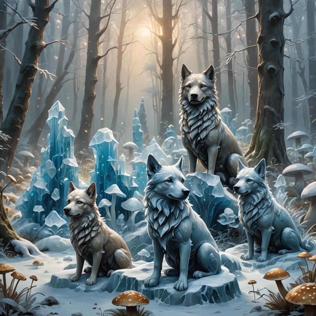 Frozen Dog Statues in Mystical Forest: Oil Painting