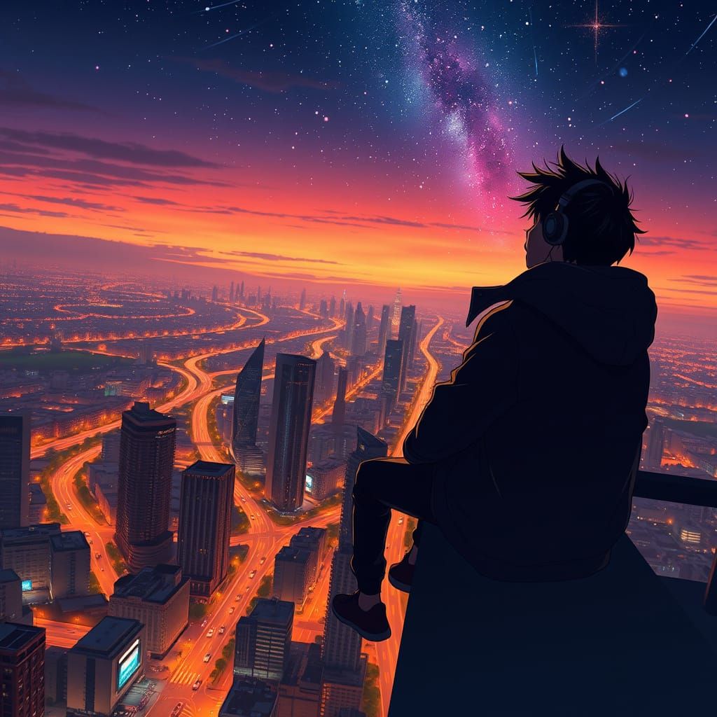 Contemplative Youth at Twilight, Cityscape
