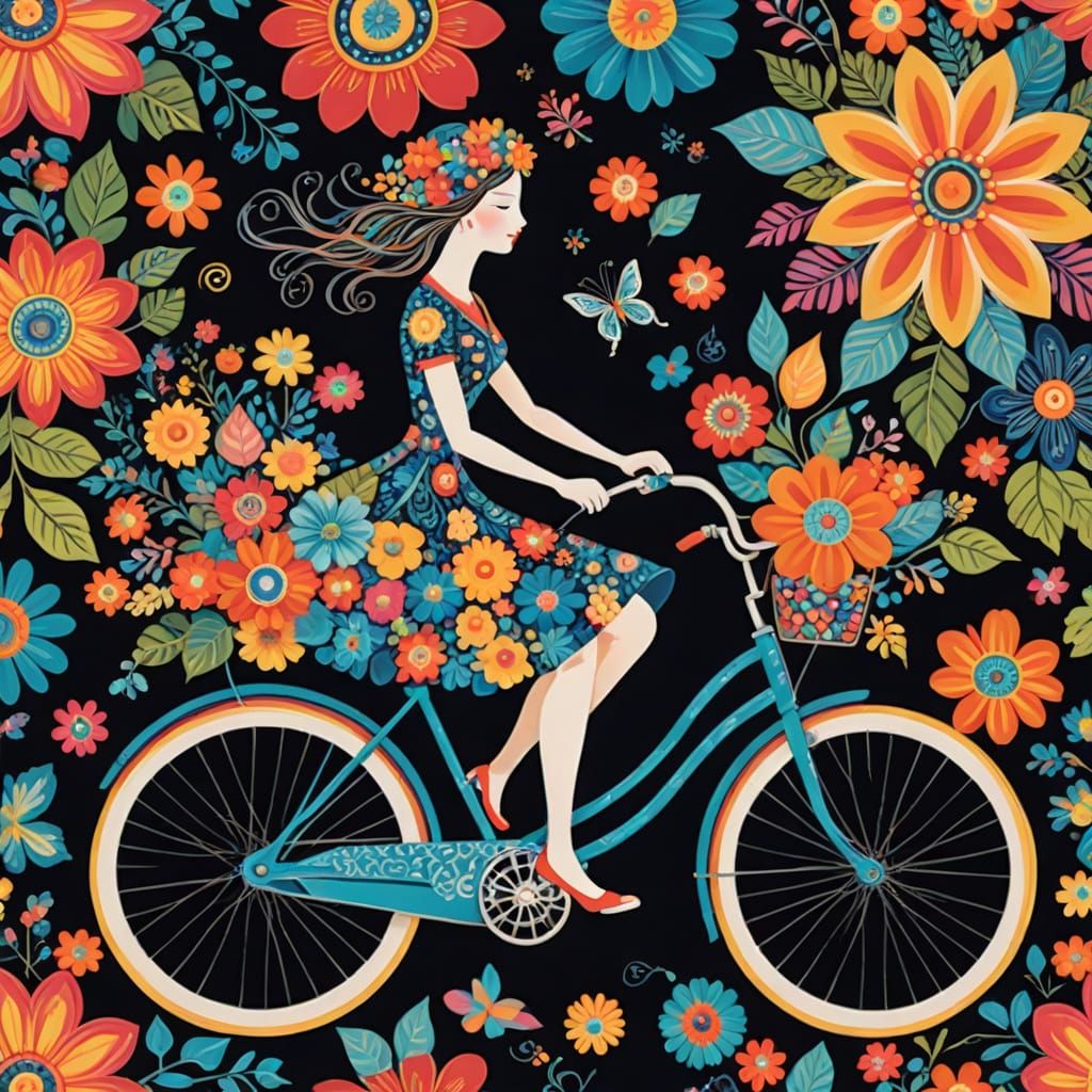 Enchanting Figure Rides Bicycle with Abstract Bouquet