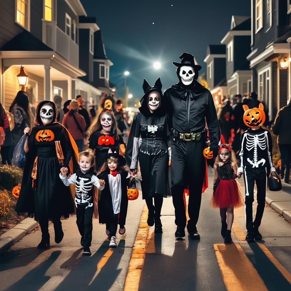Families Trick-or-Treating in Halloween Costumes at Night
