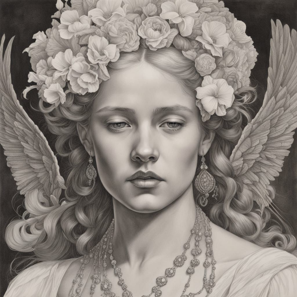 Detailed Colored Pencil Drawing of Angel in White