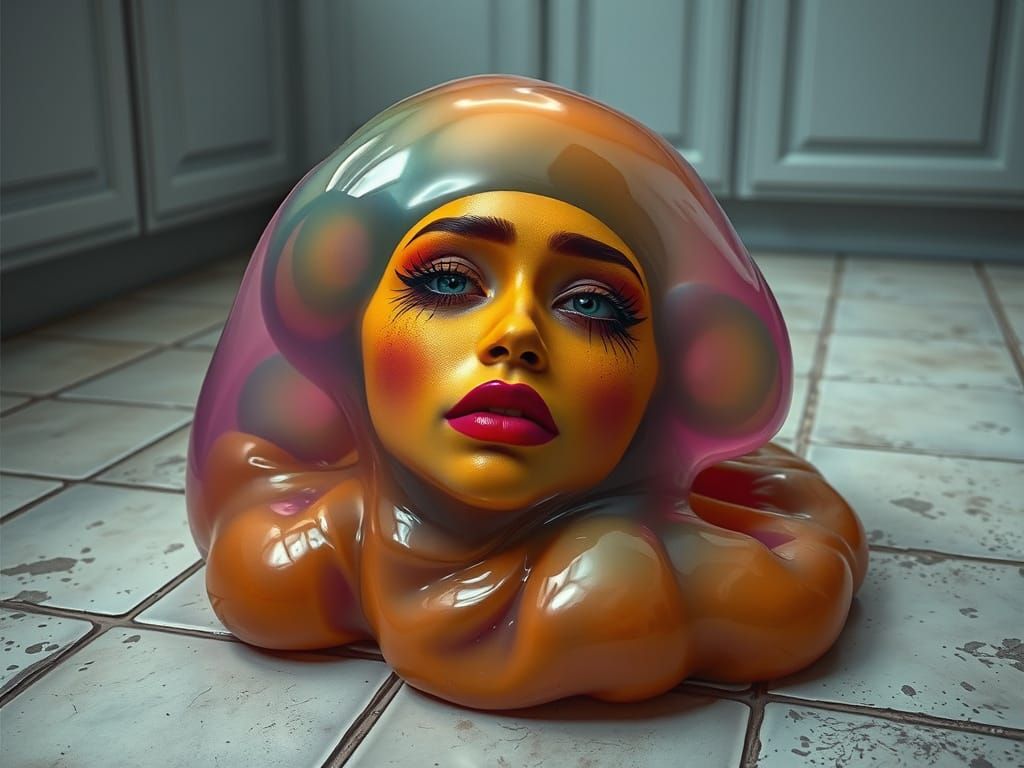 Amorphous Gel Blob With Human Face on Kitchen Floor