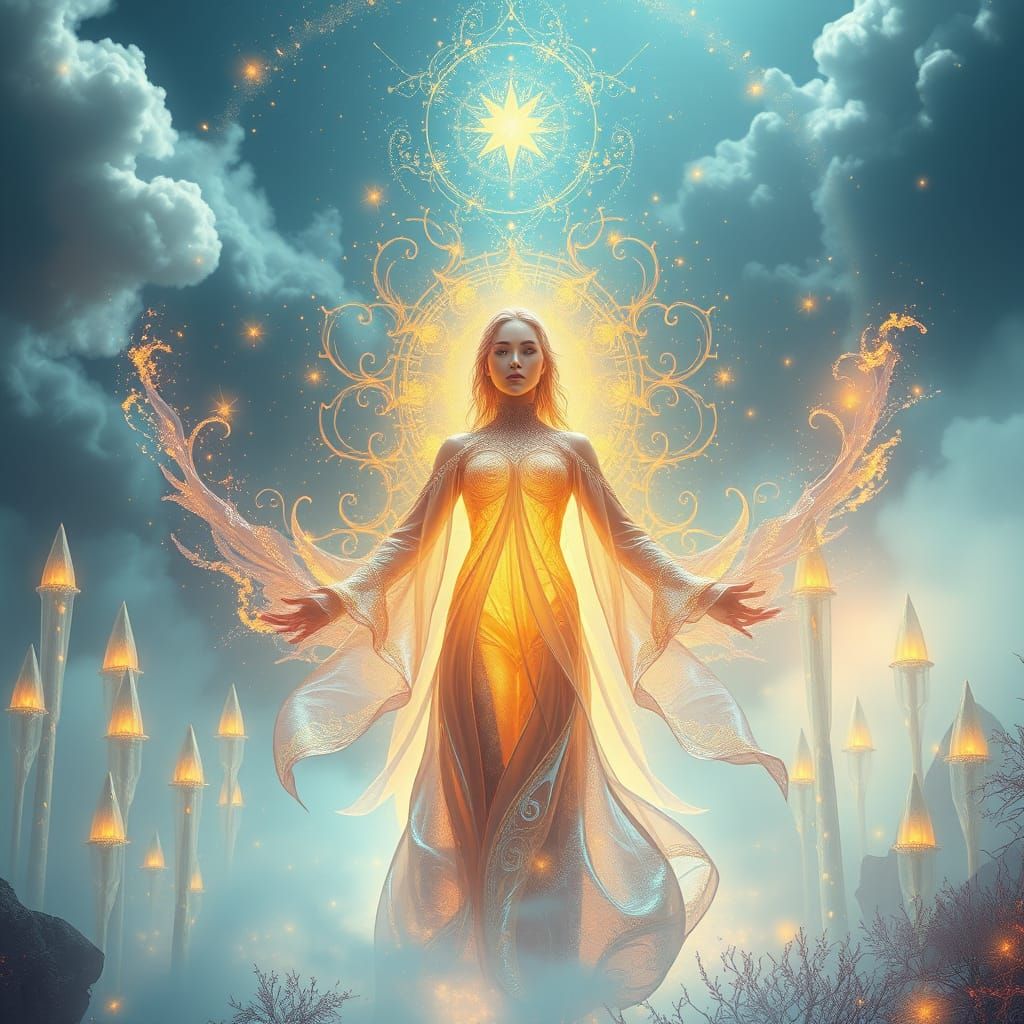 Ethereal Being Radiates Divine Light in Iridescent Robes