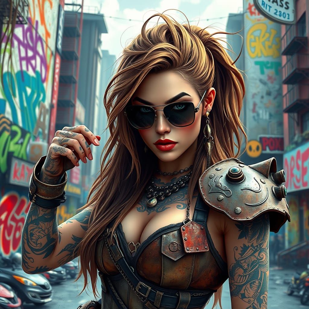 Elegant Barbarian Woman in Dystopian Cityscape