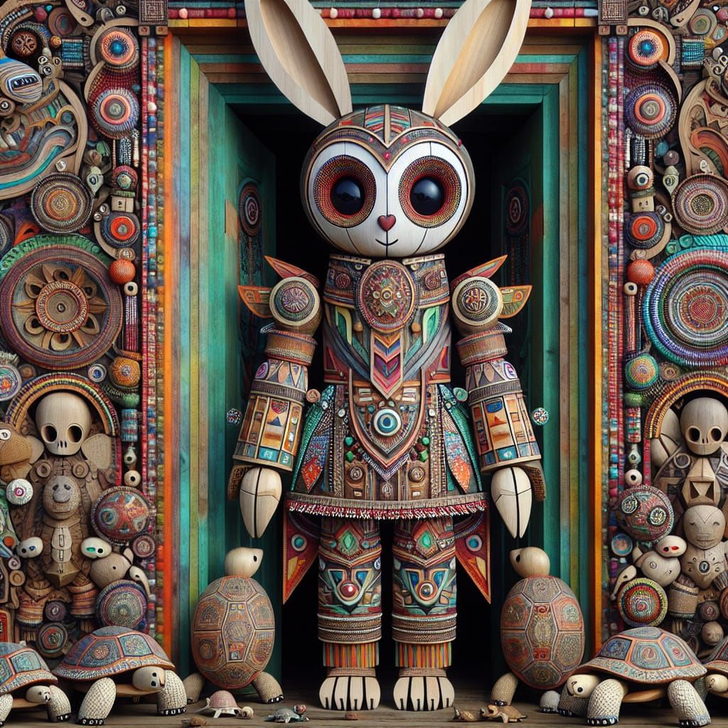 Futuristic Rabbit Puppet Sculpture with Graffiti Details