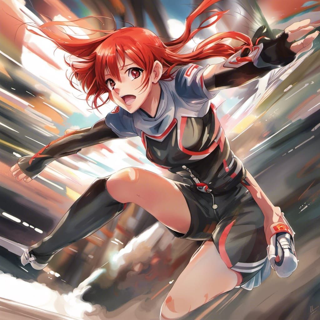 Red-Haired Girl Racing in Anime Style