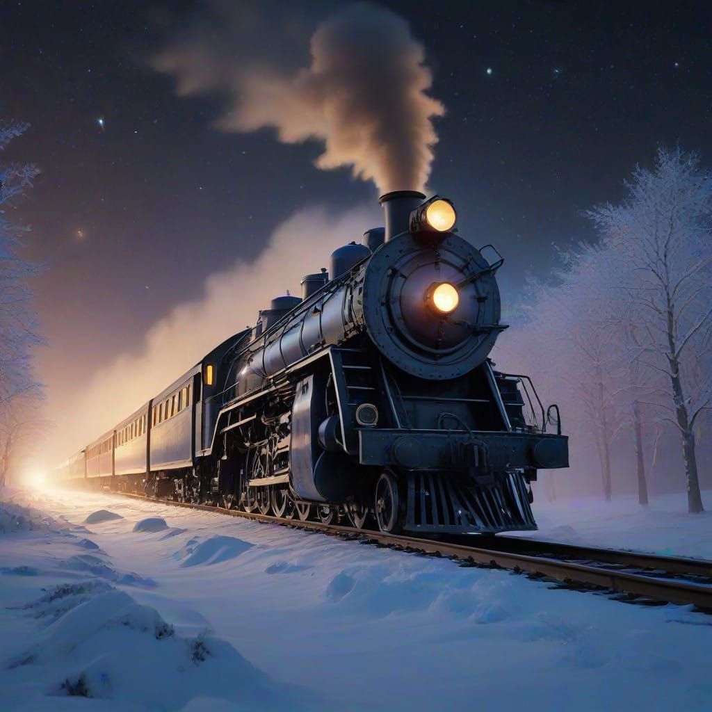 Train Soars Through Night Sky in Ethereal Glow