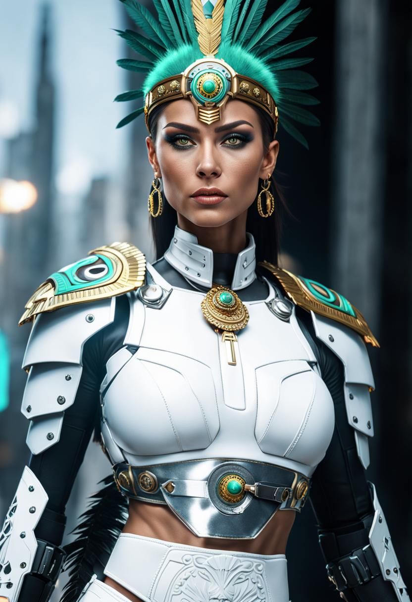 Aztec Warrior Woman in Cyberpunk Servo-Armor