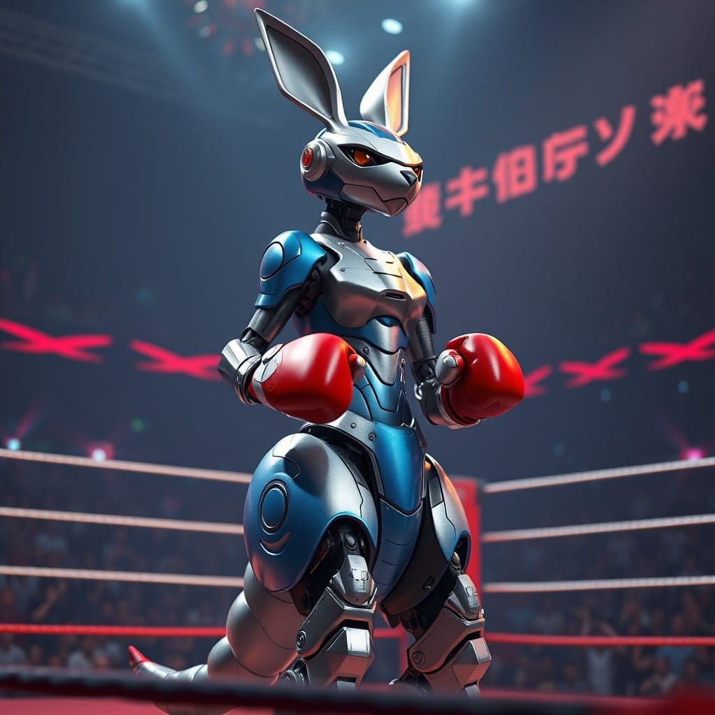 Futuristic Robot Kangaroo Boxer in Neon Wrestling Ring