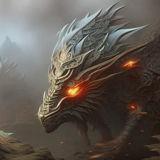 Detailed Dragon Head with Intricate Scales and Blue Eyes