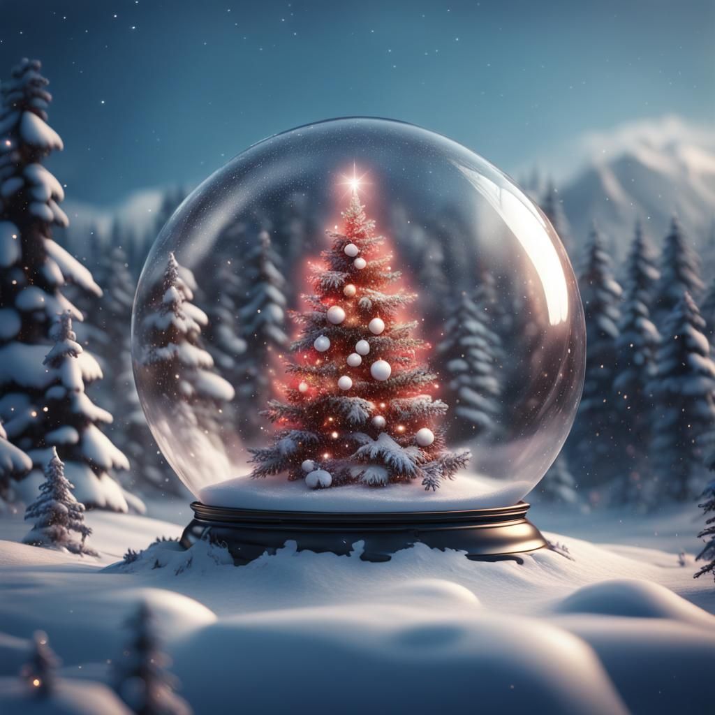 Snowy Christmas Tree in Transparent Ball: Fantasy Art