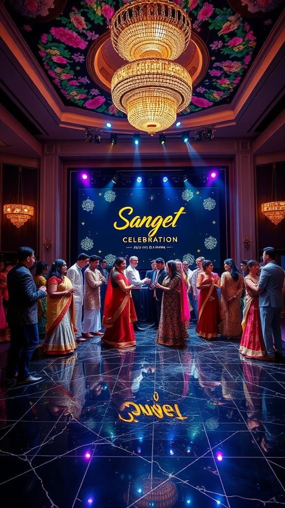 Elegant Indian Guests Celebrate in Grand Discotheque Ballroo...
