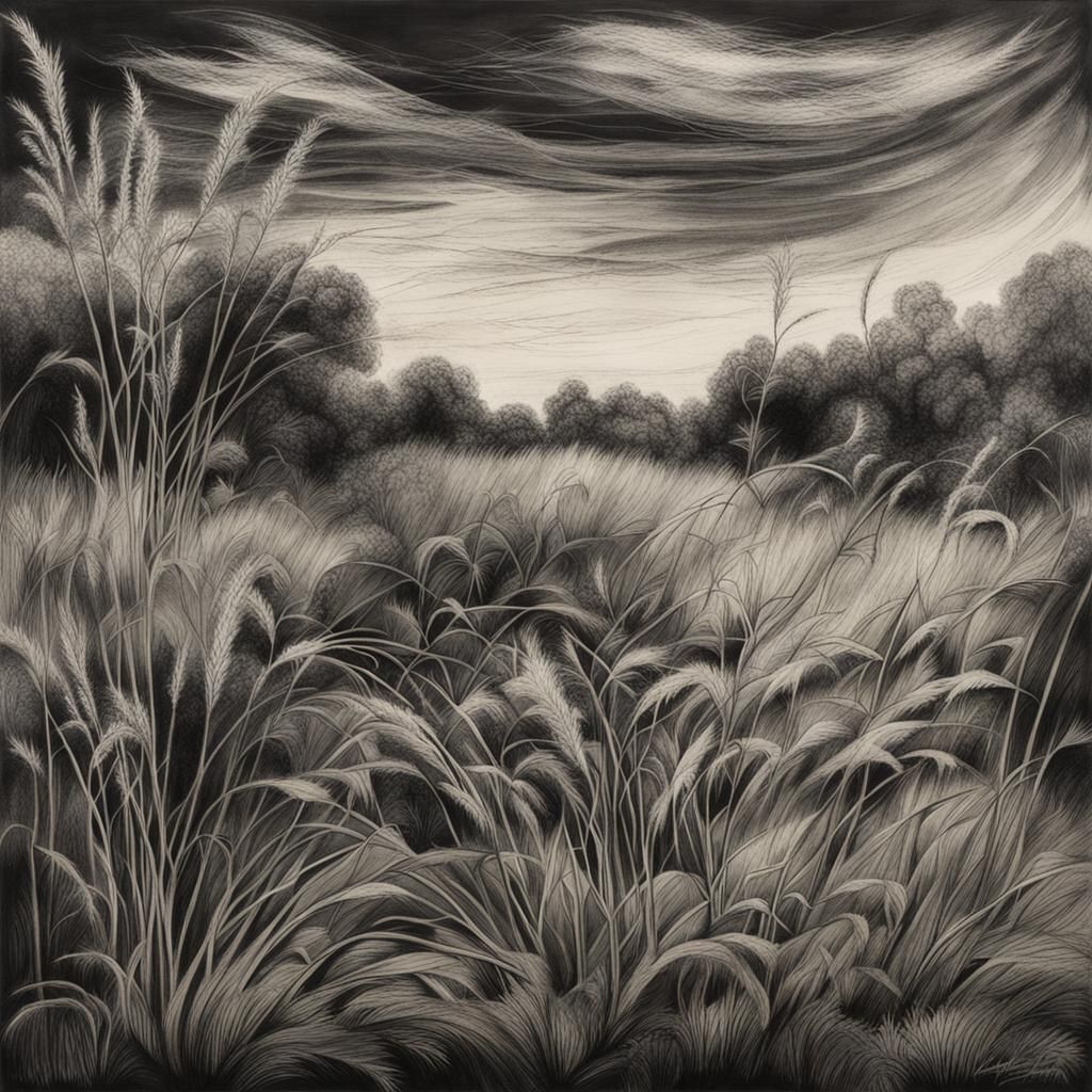 Hyperdetailed Charcoal Etching of a Swaying Garden