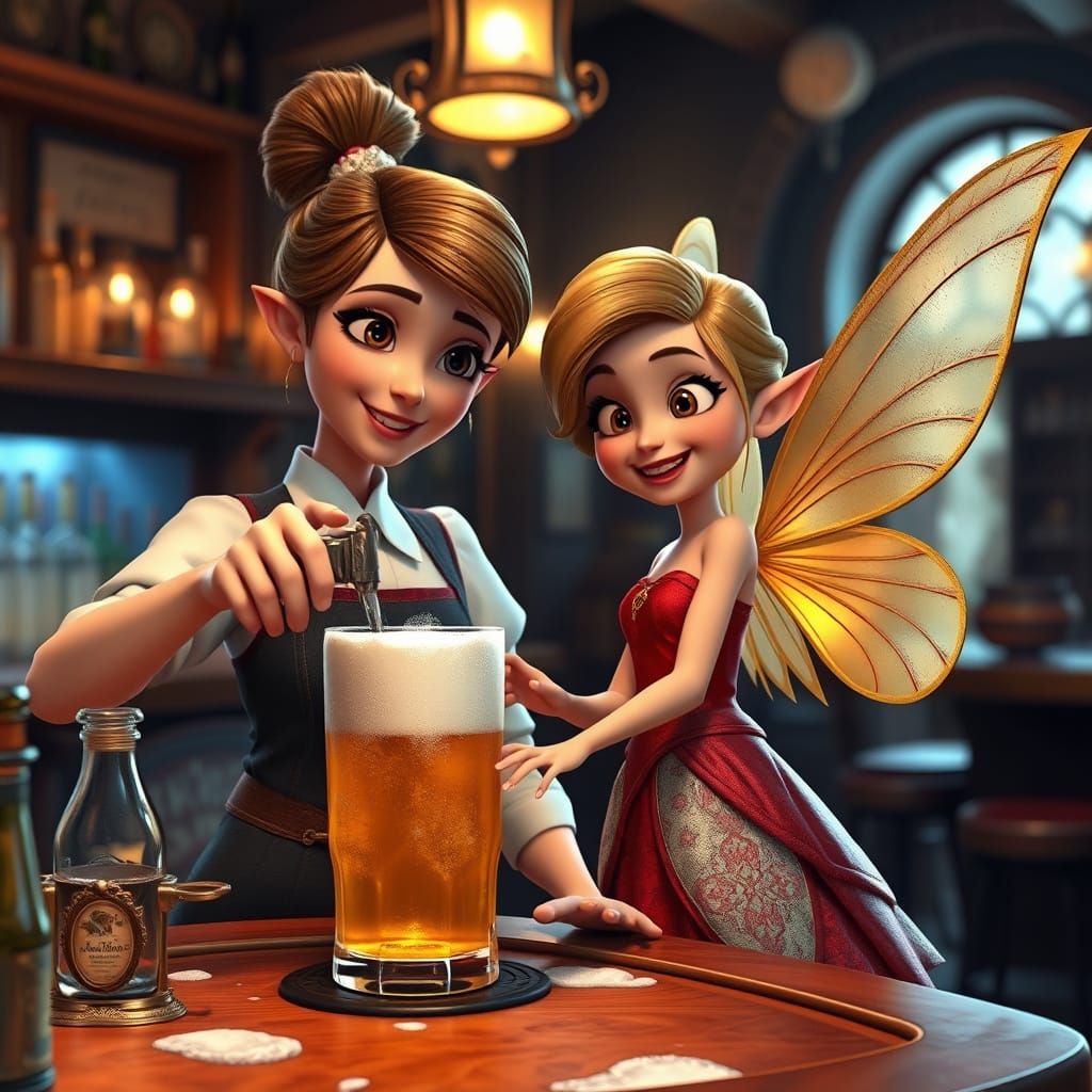Fairy and Barmaid in Bustling Pub: 3D Render