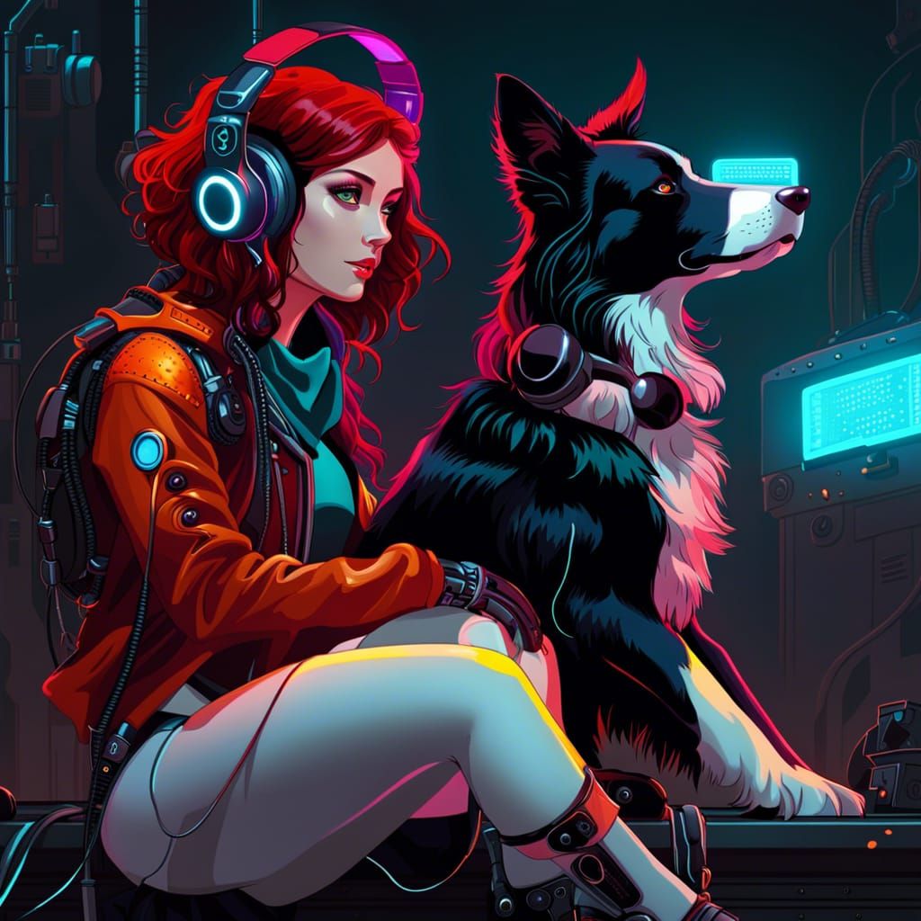Cyberpunk Robot Girl with Collie in Post-Apocalyptic Scene