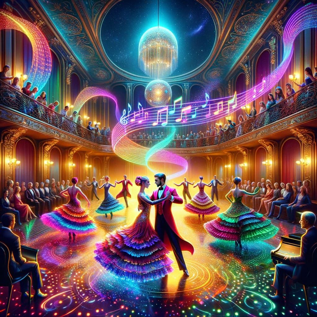 Cyberpunk Ballroom Tango Dancers in Luminescent Colors