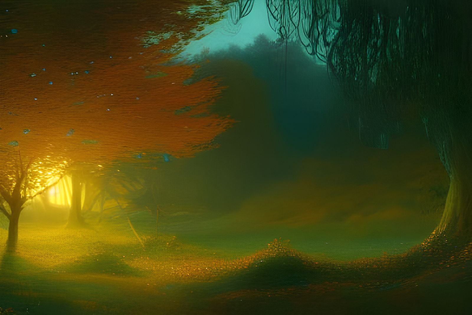 Golden Laurelin Tree Radiating Light: Fantasy Painting