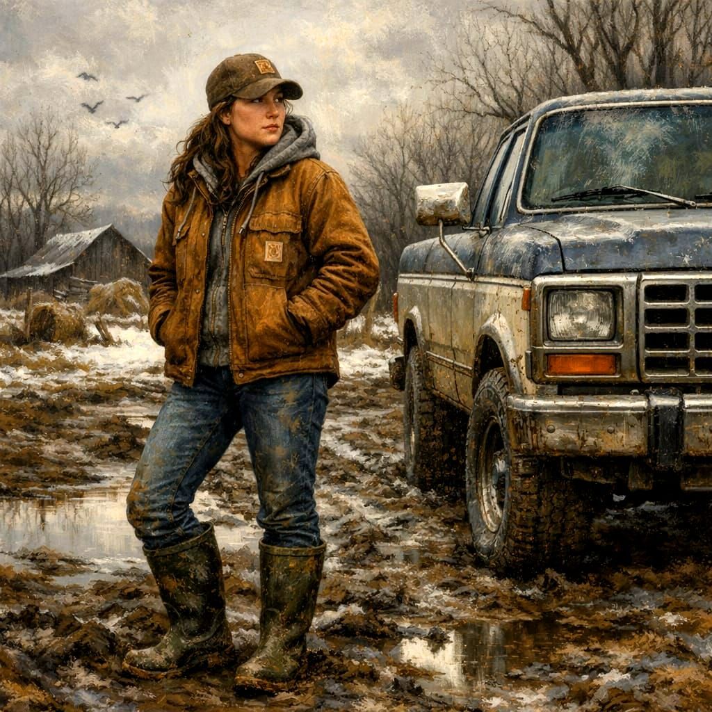 Oil Painting of Woman in Carhartt by Ford Truck
