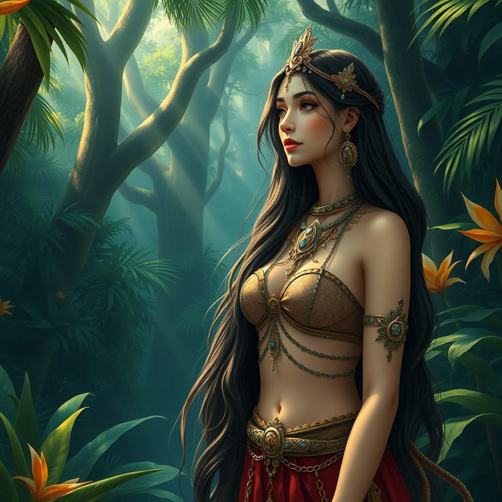 Woman in Rainforest: Hyperrealistic Art Nouveau Portrait