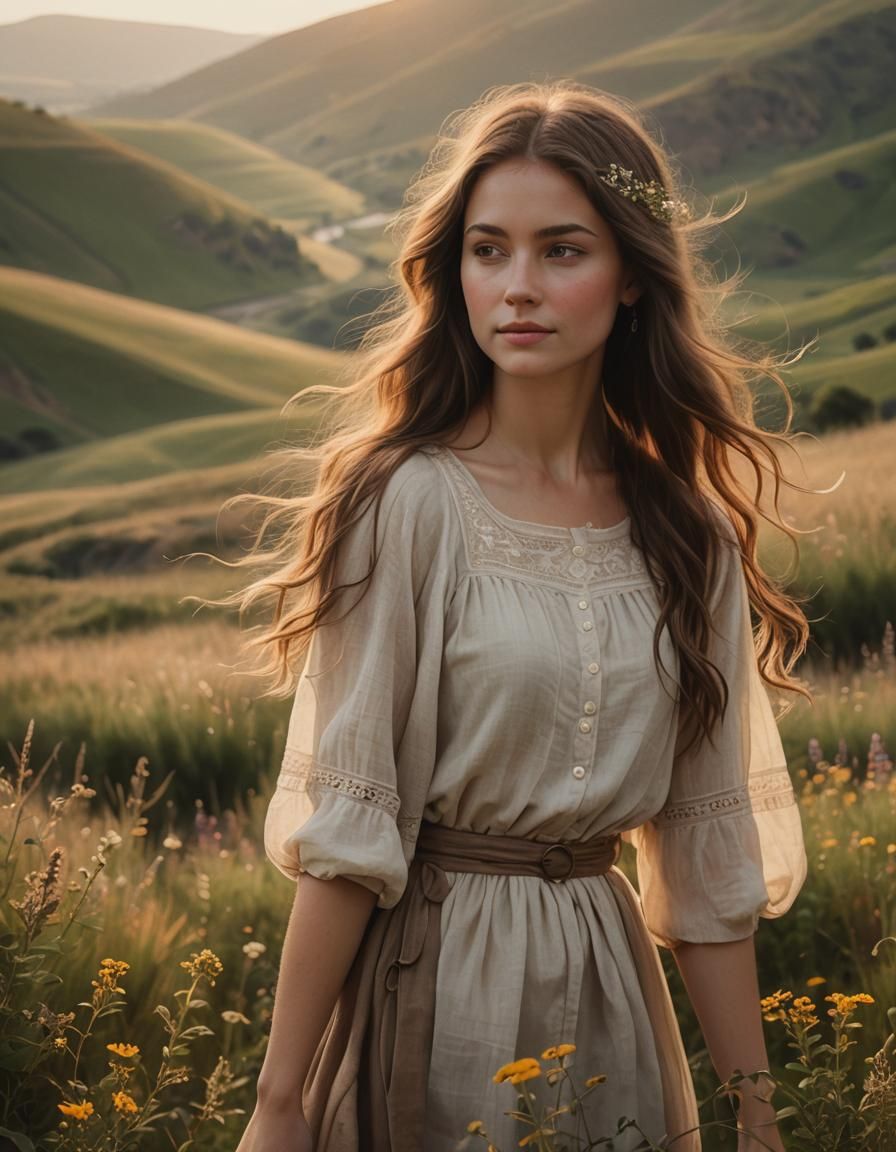 Romantic Realism: Woman in Golden Hour Landscape