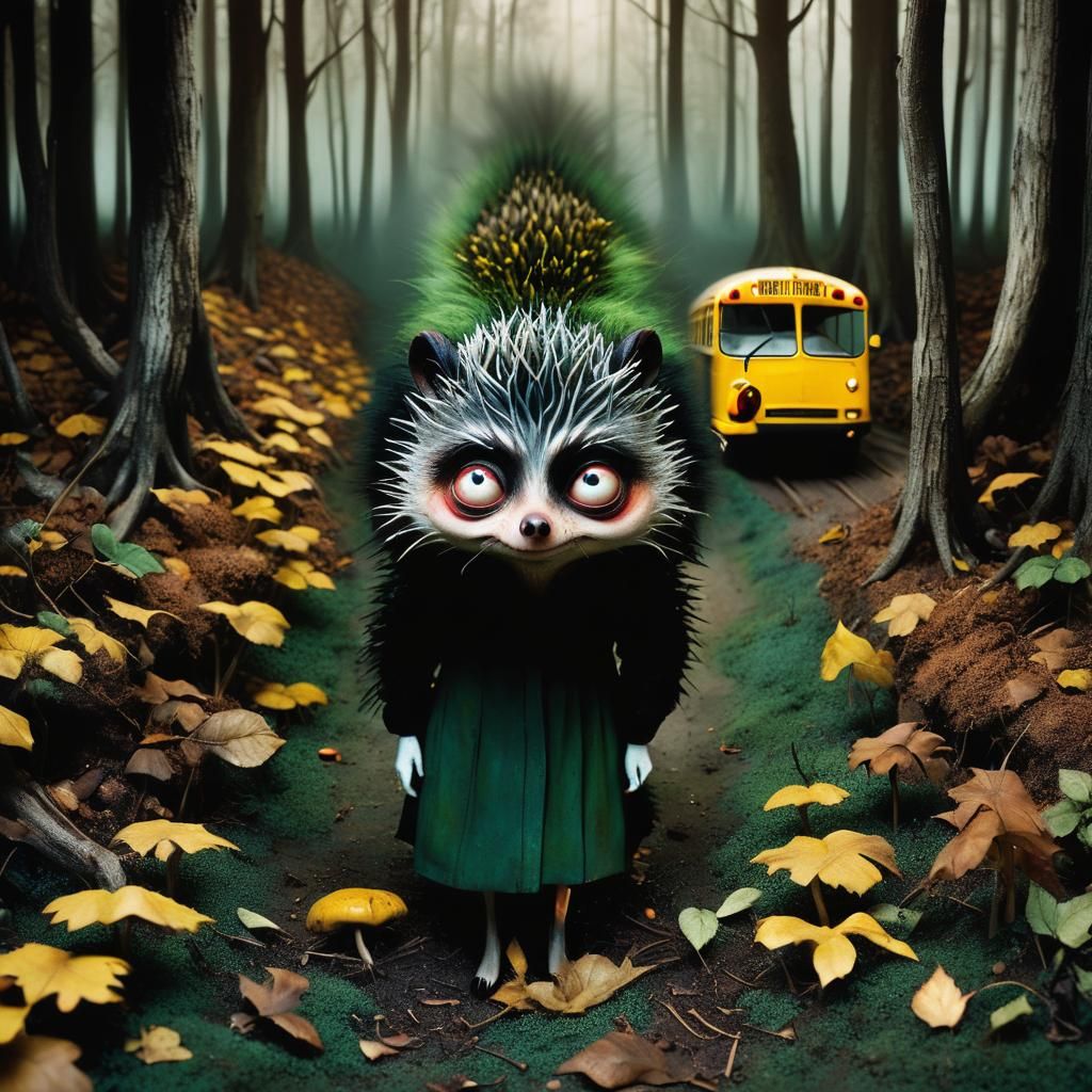 Surreal Claymation Bus in Forest Scene