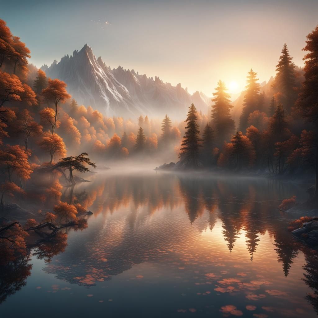 Mountain Lake Sunrise with Dragon: Fantasy Concept Art