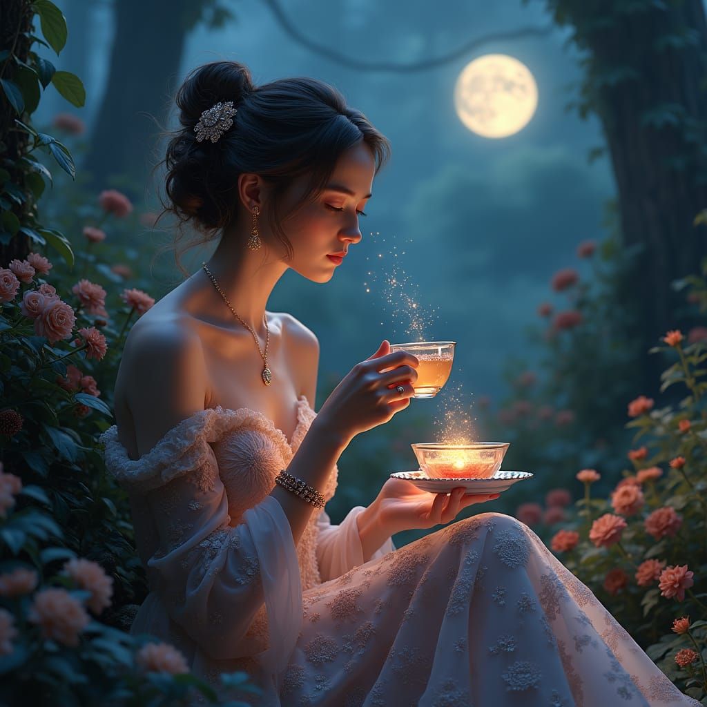 Ethereal Woman in Moonlit Garden Drinks Tea