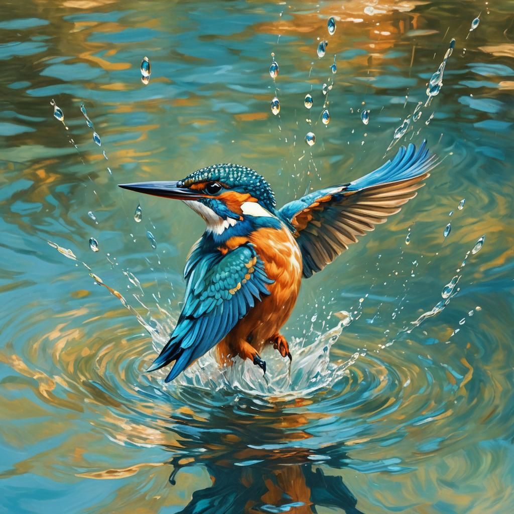 Kingfisher Diving: Impressionist Oil Painting